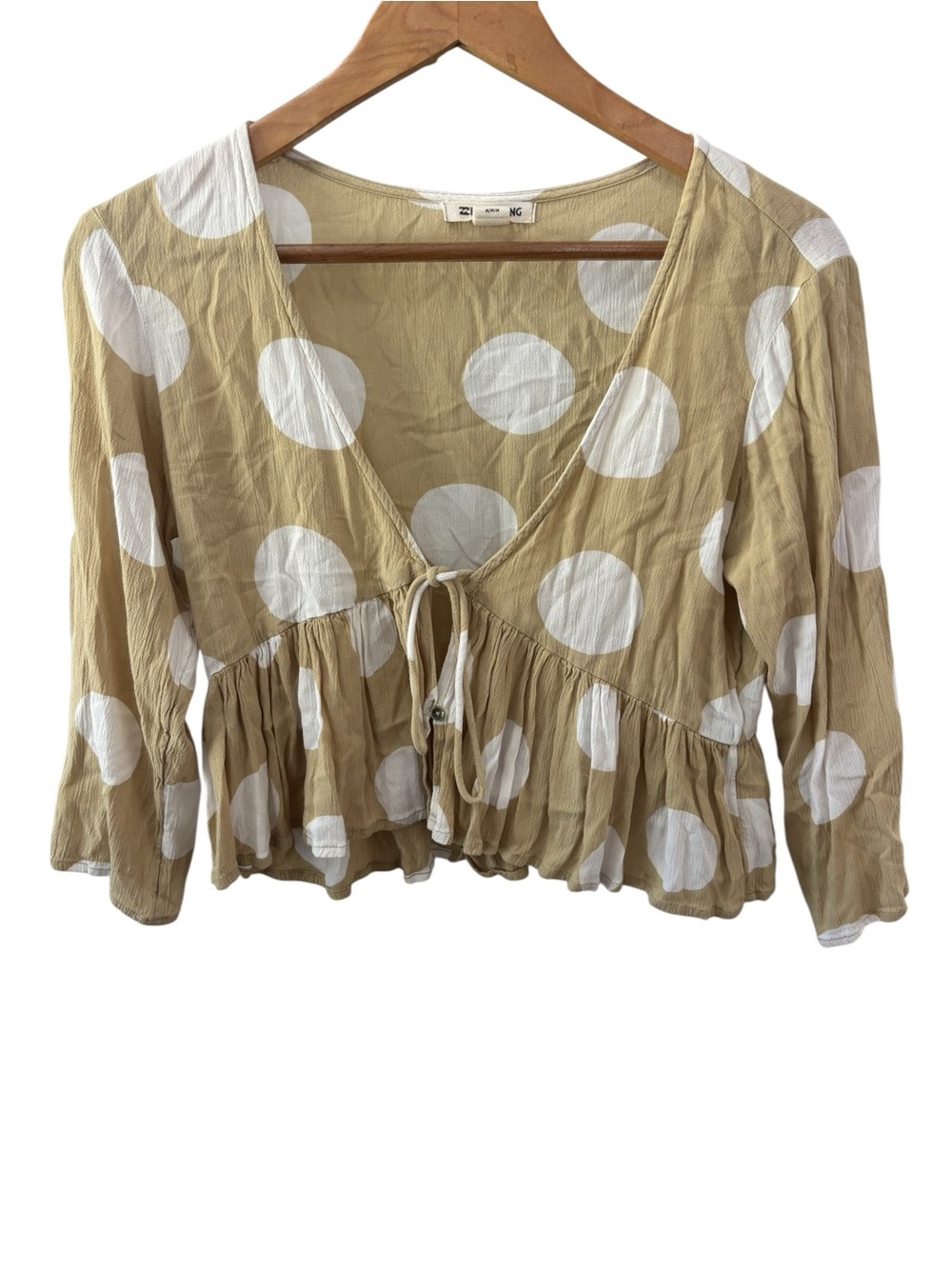 Billabong Cropped Top Blouse Tan/White Polka Dot Size Medium Front Tie Shirt
